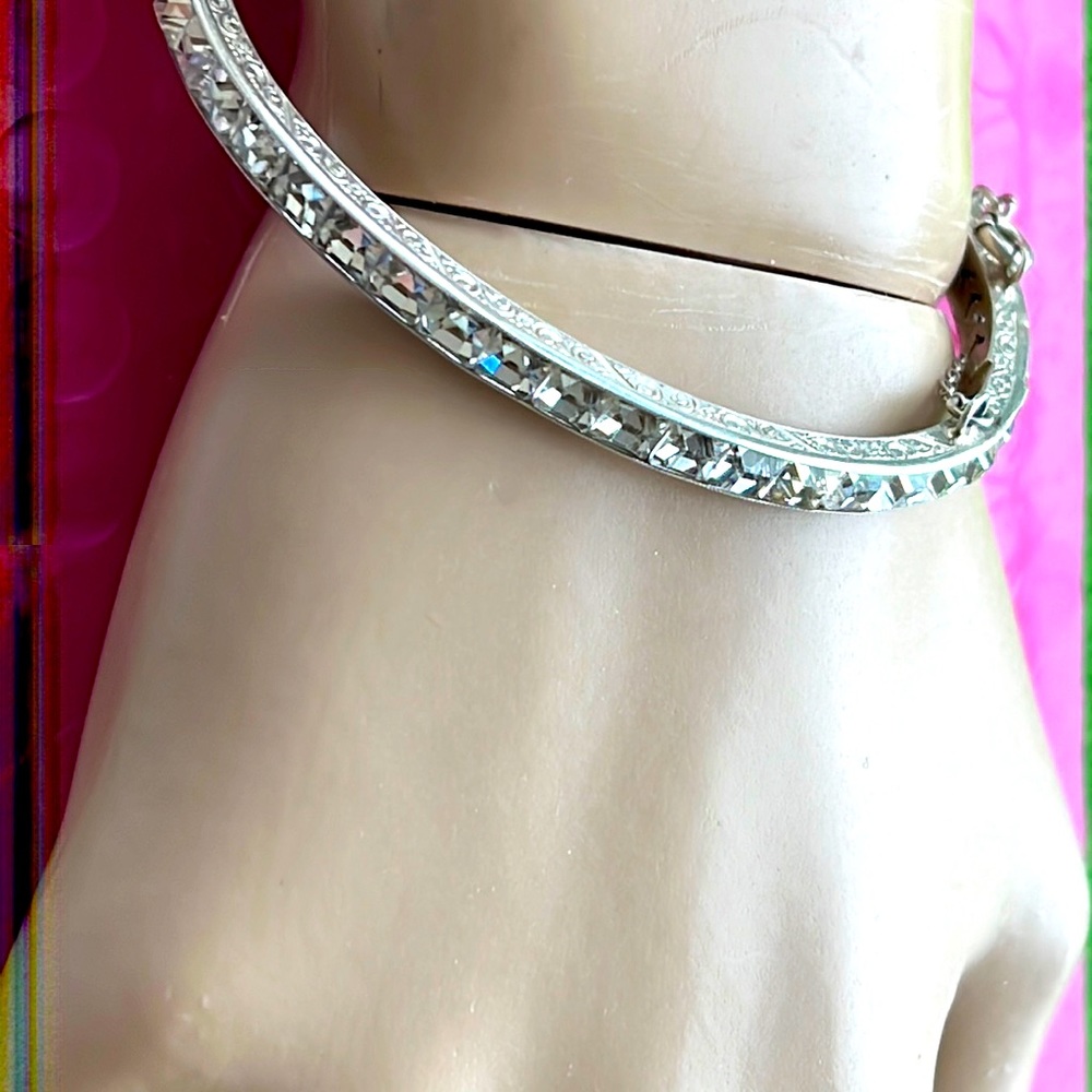 Antique sterling silver Art Deco hinged channel set lCrystal bracelet AS IS